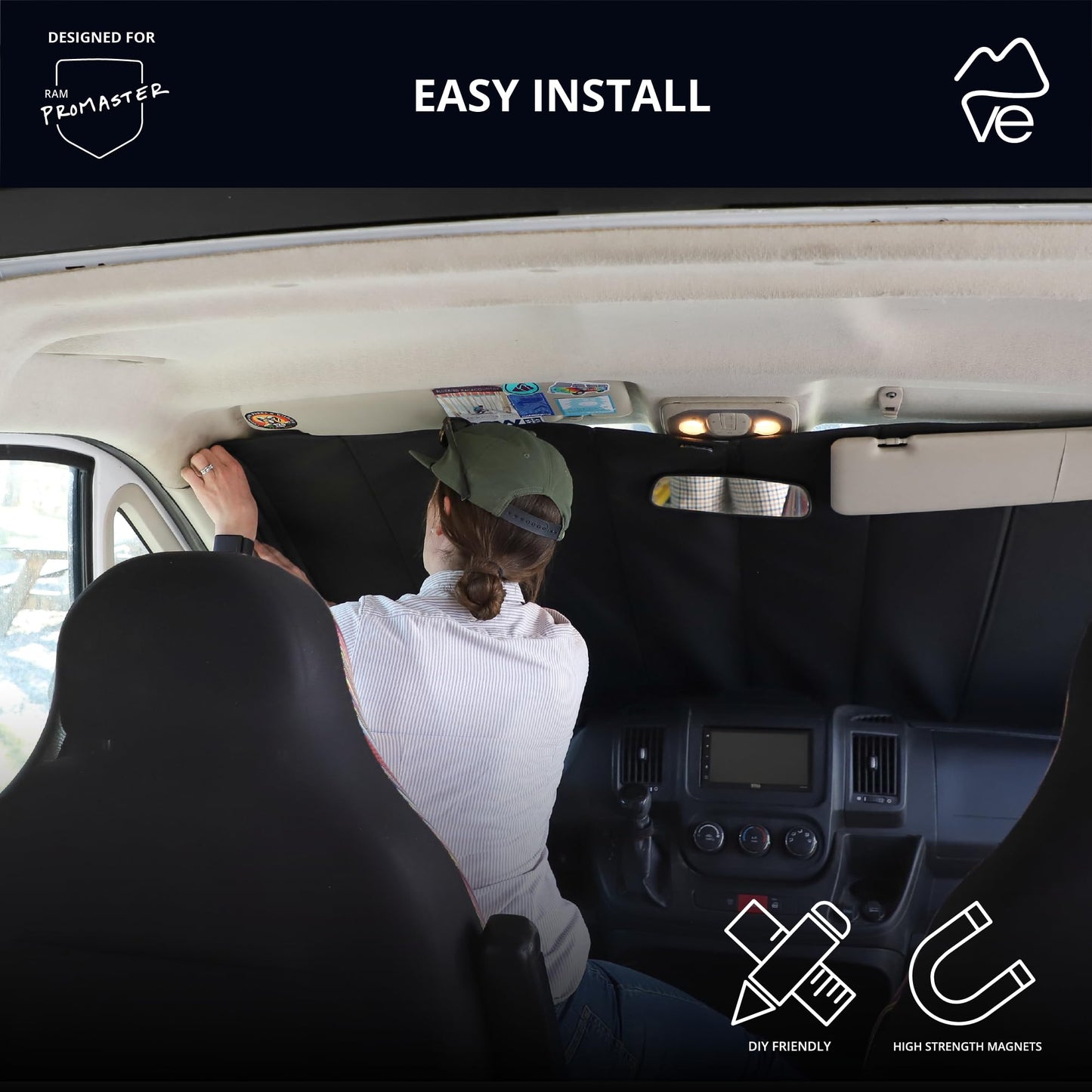 VanEssential Insulated Reflective Blackout Front Windshield Cover Designed for RAM Promaster Van Years 2014 to Current Model - Black Reflective