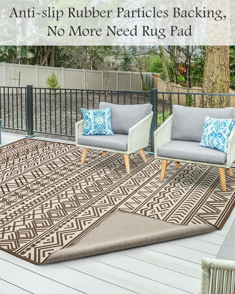 Outdoor Rug Carpet 9x12 ft, Flatweave Textured Outdoor Patio Rug Non Slip Indoor Outdoor Rugs with Rubber Particles Backing Boho Outdoor Area Rug for Patio Deck Front Porch Backyard Balcony, Brown