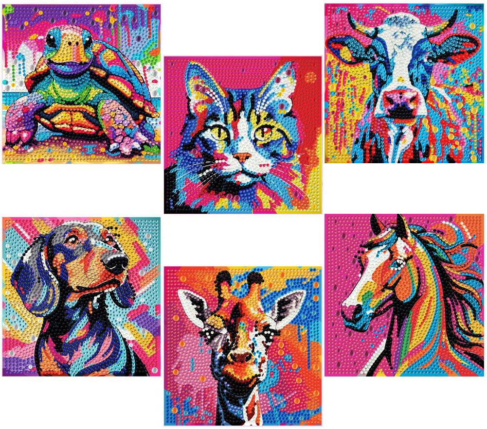 MXCFZX 6 Pack 5D Cartoon cat Diamond Painting Kits for Kids Beginners,Cute Animals DIY Horse Diamond Art Kit for Kids,Easy Full Round Drill Big Gem Art for Kid,Home Wall Decoration 6X6 inch
