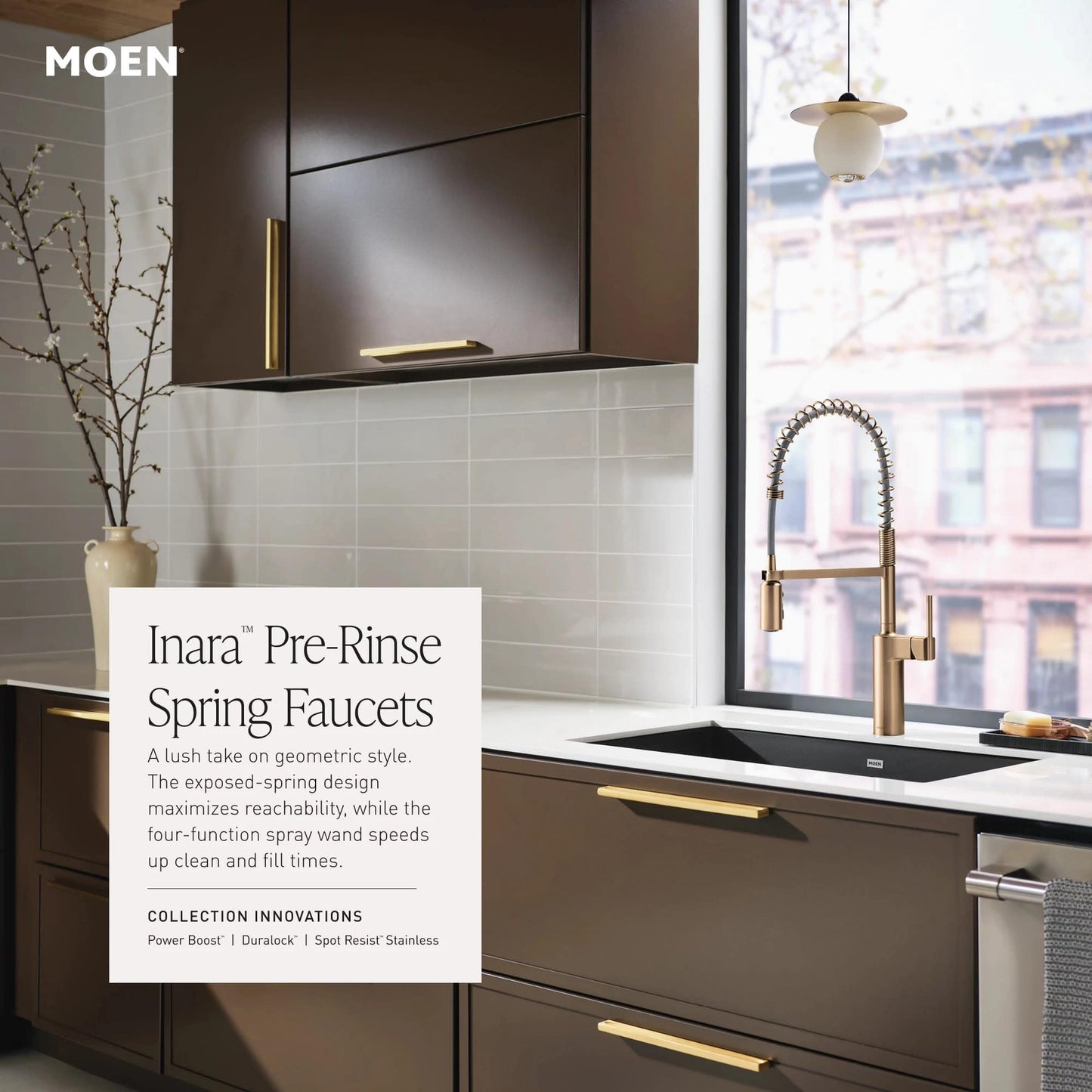 Moen Inara Bronzed Gold Spring Pulldown Kitchen Faucet with Pre-Rinse and Power Boost, Modern Kitchen Faucet, One-Handle Easy Installation, 87863BZG