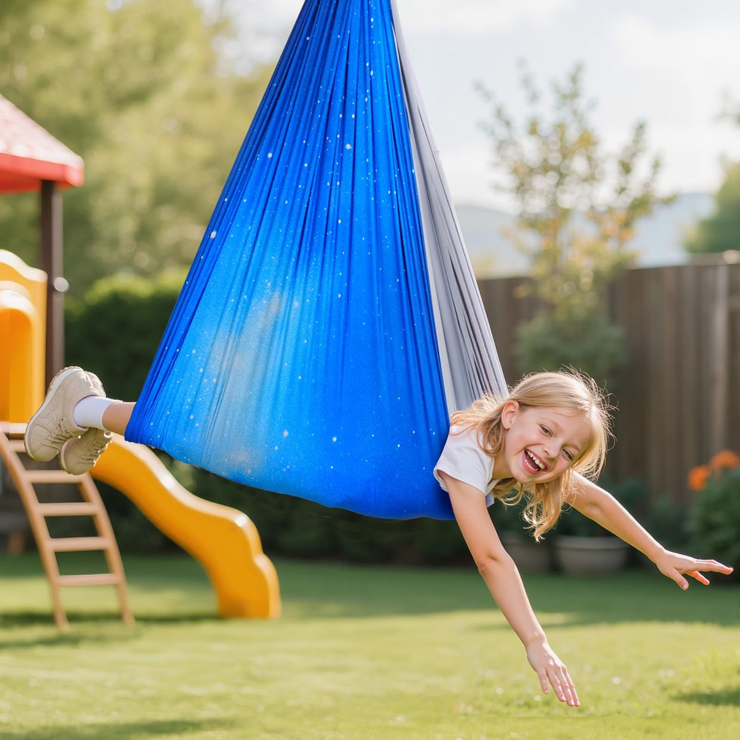 VEVOR Sensory Swing, Double-Layer Fabric Sensorys Hammock, Indoor & Outdoor Sensory Swing with 360° Swivel Hanger, O-Sling, Holds up to 300lbs, Adjustable Aerial Yoga, Hanging Swings for Kids