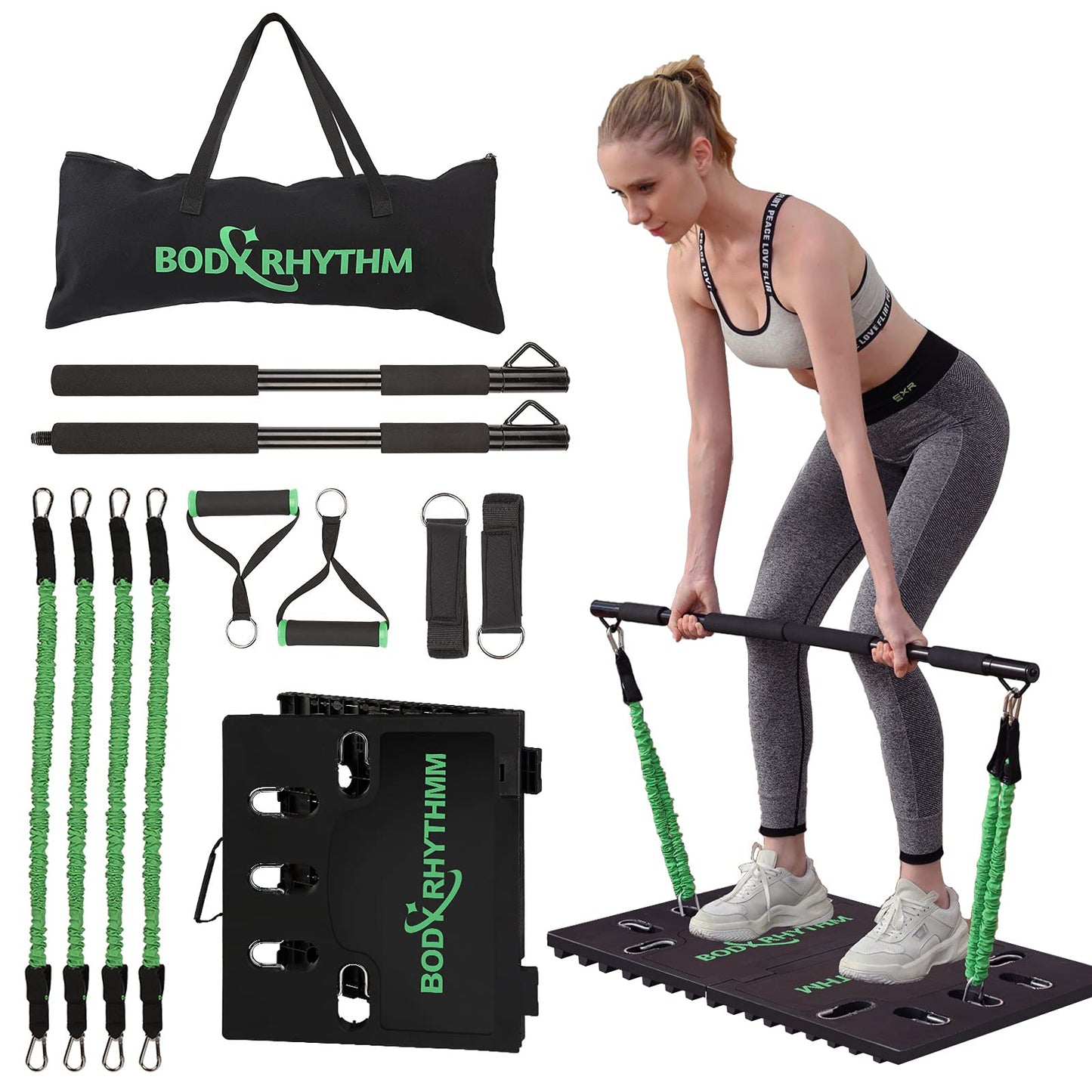 BODY RHYTHM Portable Home Gym Workout Equipment - Includes 4 x Resistance Bands, Collapsible Bar, Handles and More - Full Body Workouts System for Women & Men.