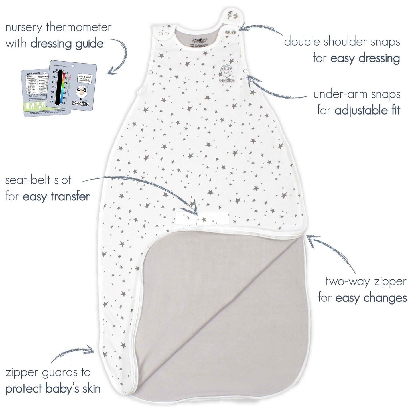 Woolino Ultimate Baby Sleep Sack – 4 Season Merino Wool Sleeping Bag, Organic Cotton Outer, Temp Regulating Blanket, Adjustable Sleep Sack Universal Size 2–24 Months - Night Sky