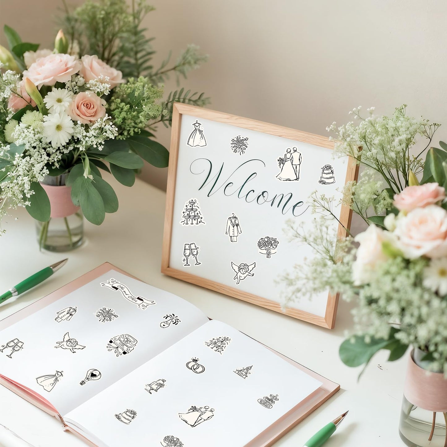 Whaline 294Pcs Wedding Stickers Seal Decals Black Beige Groom and Bride Cupid Flower Adhesive Labels for Wedding Bridal Shower Party Favor Supplies, 18 Sheets