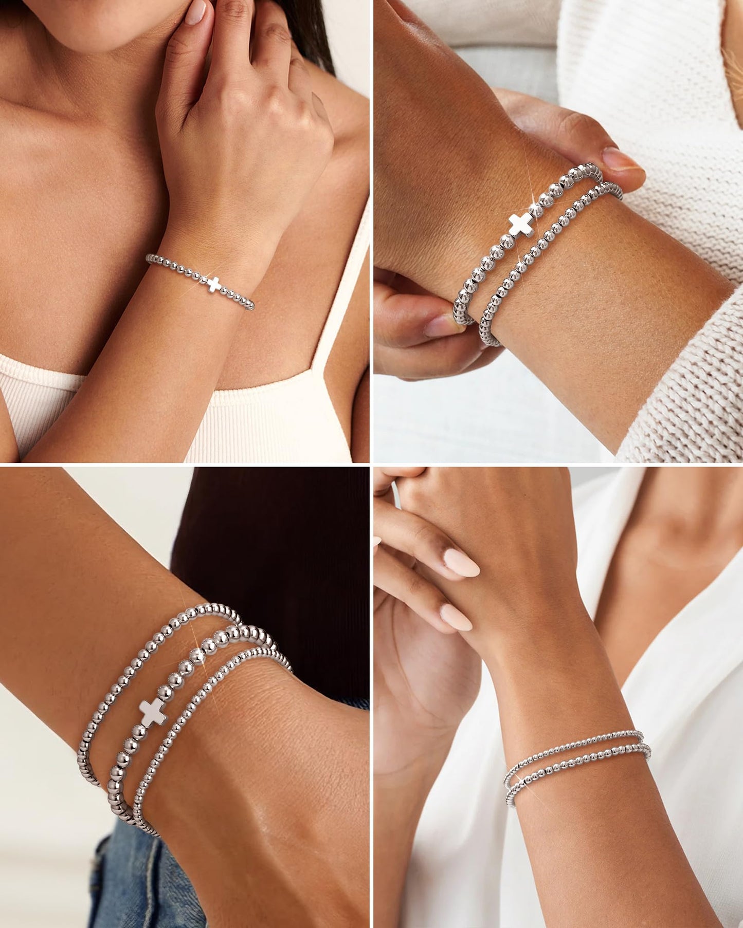 shownee Sliver Bracelets for Women - 18K Gold Beaded Bracelets Stack Strand Bead Ball Bracelet No Tarnish Stackable Jewelry Set for Mother's Day Birthday Graduation Gift 6.8 inch Small