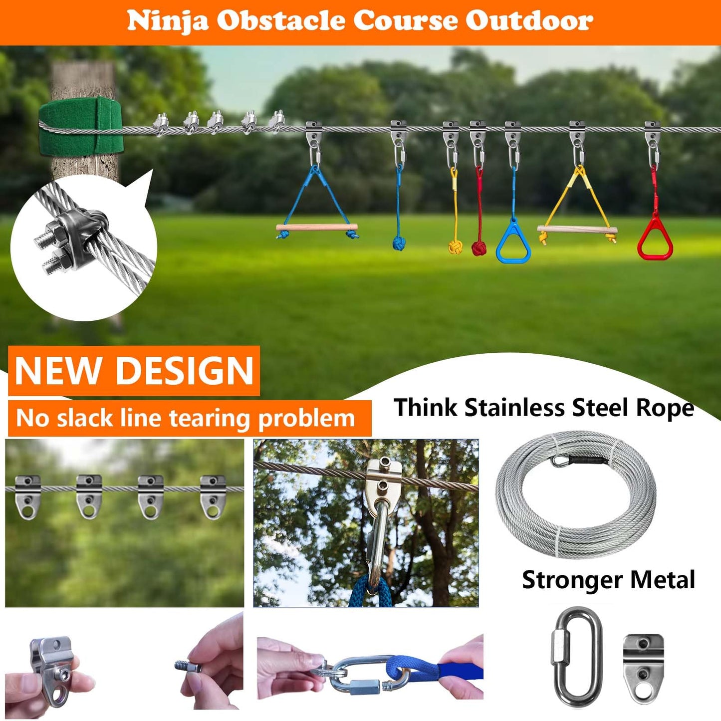 SZHTMZXC Ninja Warrior Obstacle Course for Kids Backyard Outdoor, 55ft Stainless Steel Main Cable, No Sagging, No Fraying, Weatherproof, 11 Pcs Training Accessories, Monkey Bar, Climbing Net, Swing