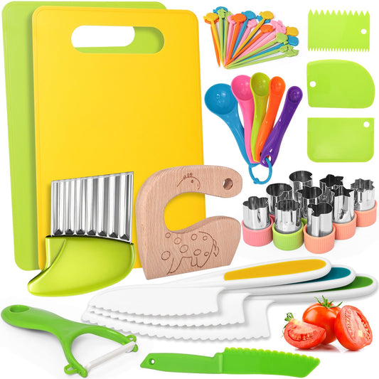 46 PCS Kids Knife Set, Toddler Knifes for Real Cooking, Montessori Kitchen Toys with Cutting Board Crinkle Cutters Kid Safe Knives, Birthday Xmas Gift for Girls Boys