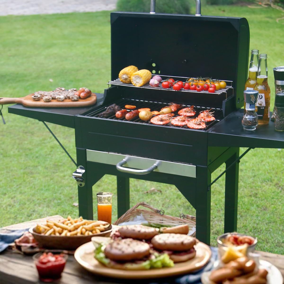 MASTER COOK Charcoal Grills with Two Side Tables, 332 SQIN Cooking Area Outdoor Smoker Barbecue bbq grill for Camping, Patio,Backyard Party, Picnic, Black