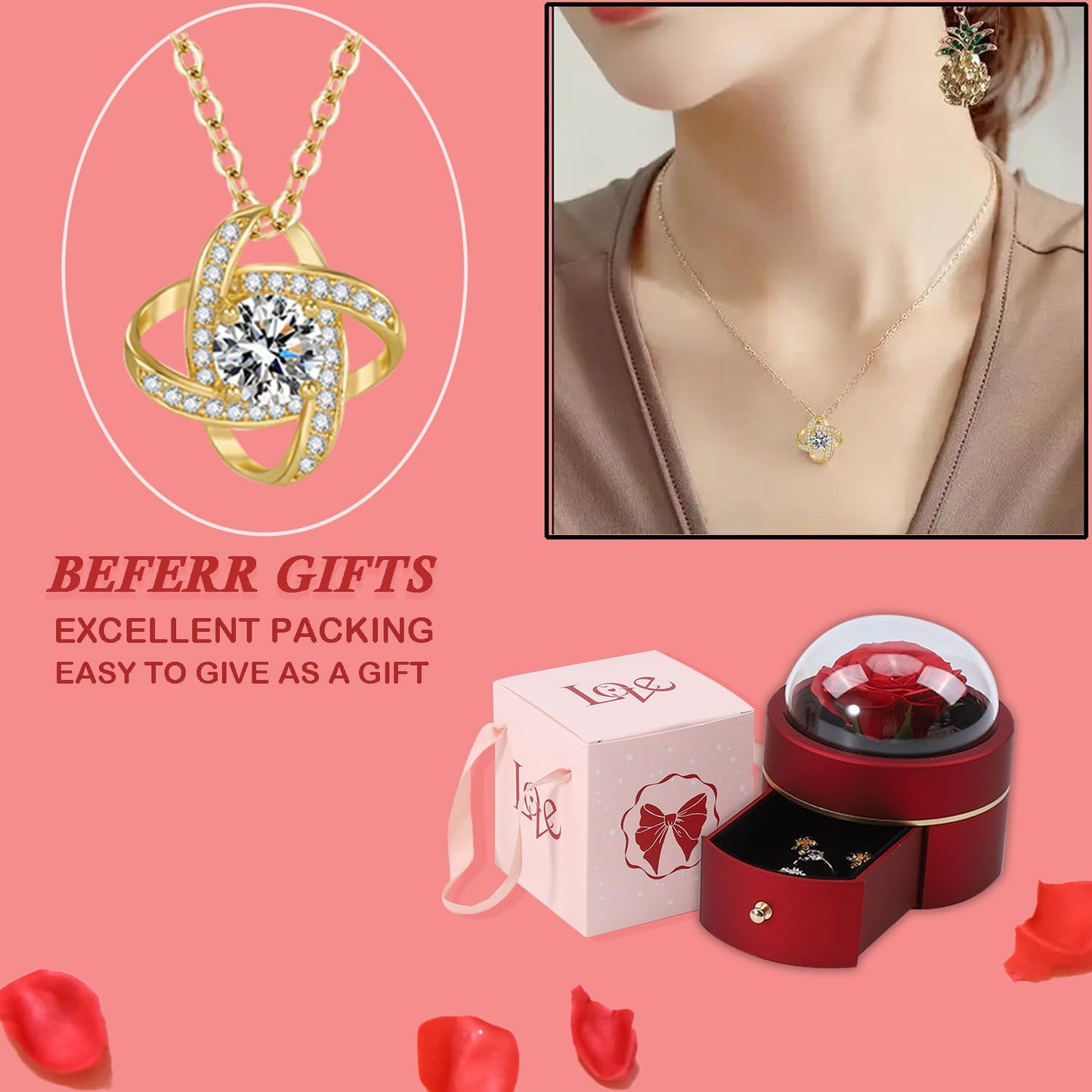 Preserved Handmade Rose Box with Four Leaf Clover Necklace, Jewelry Boxes Poetry Roses Gifts for Women Her Mom Wife Girlfriend on Valentines,Mother's Day with ''To My Love'' Card (Romantic Red)
