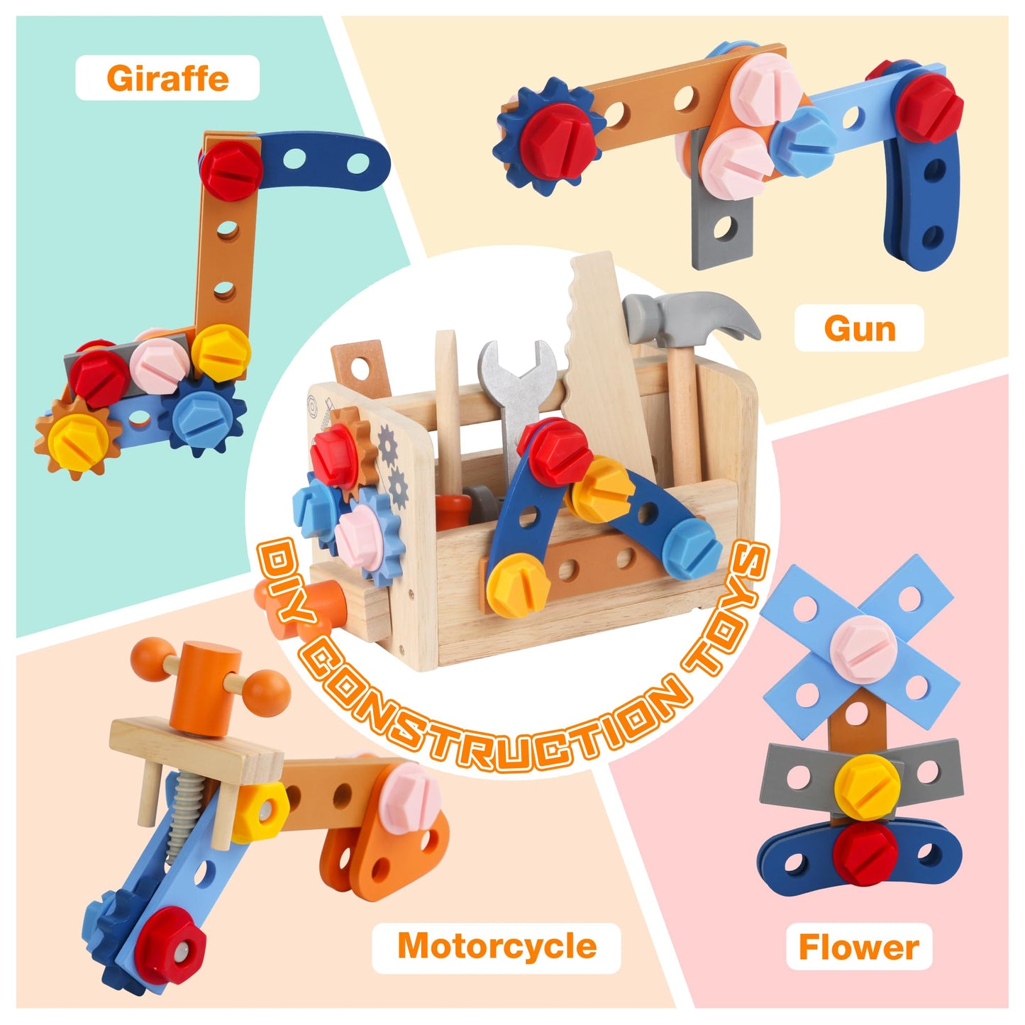 Totatatree Wooden Kids Tool Set, 38PCS Educational STEM Construction Toys for 3+ Toddler, Wooden Tool Bench Montessori Toy Tool Box for 3 4 5 YO Boys & Girls Birthday Gift (36Pcs)
