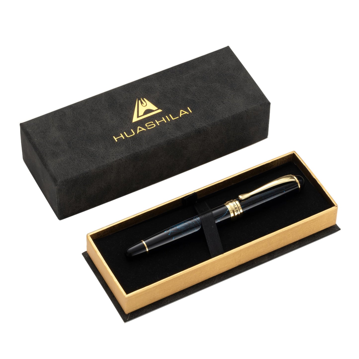 HUASHILAI Luxury Metal Rollerball Pen Set – Stainless Steel Barrel, Cool Fine Point Pen with Gift Box & 2 Extra Refills – Premium Business & Signature Pens for Men & Women (Black with Blue Fireworks)