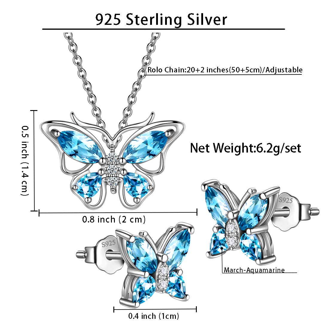 Hipunk Butterfly Blue Jewelry Sets Birthstone Women 925 Sterling Silver March-Auqamarine Birth Stone Animal Butterflies Jewelry Sets/Earring Set Crystal Birthday Jewelry SS0001M