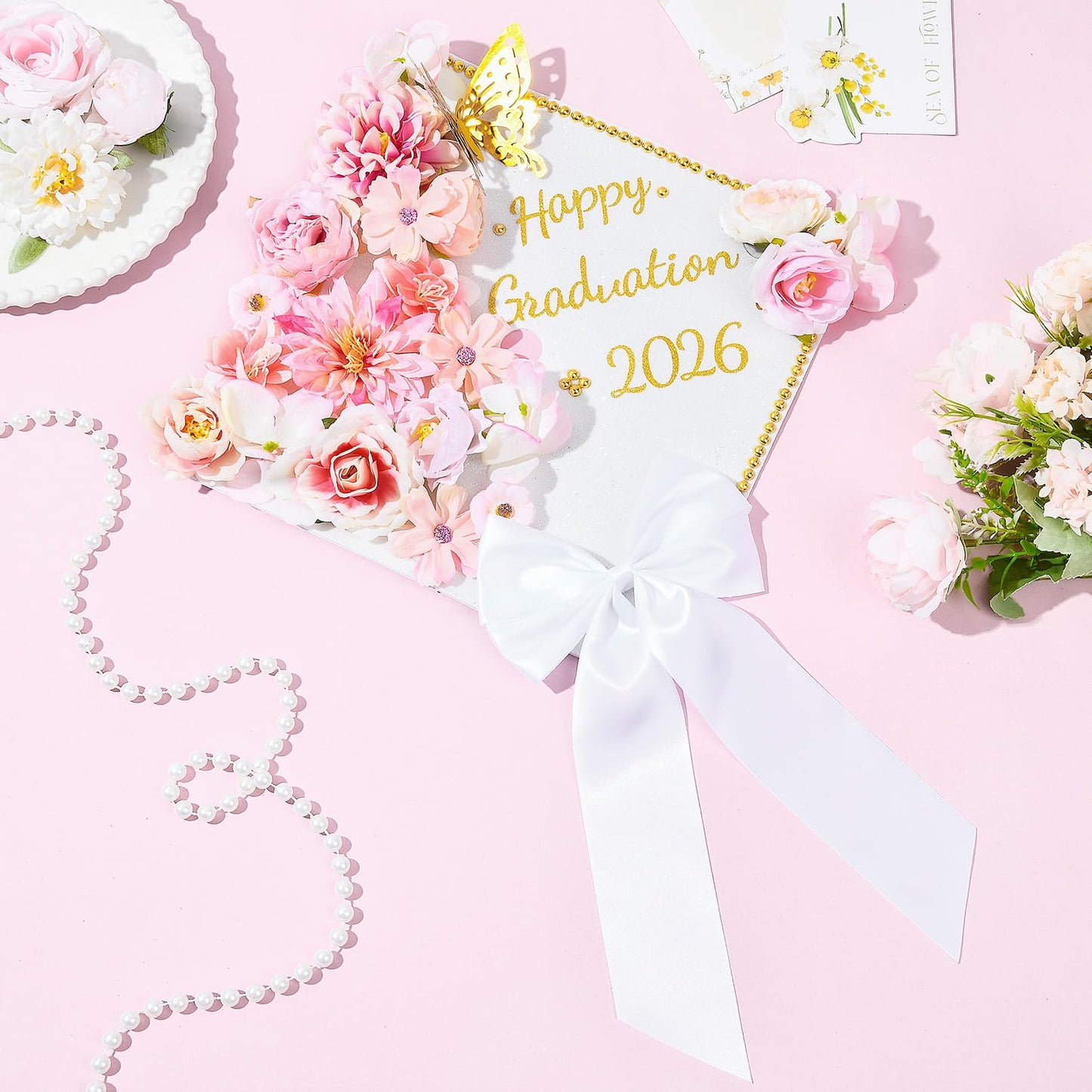 Brikabia Graduation Cap Decorations Kit 2026-39PCS Grad Cap Decorations for Graduation with Faux Flowers, 3D Butterflies, Letter Stickers, Glitter Paper, Satin Hair Bow for DIY Grad Hat Topper