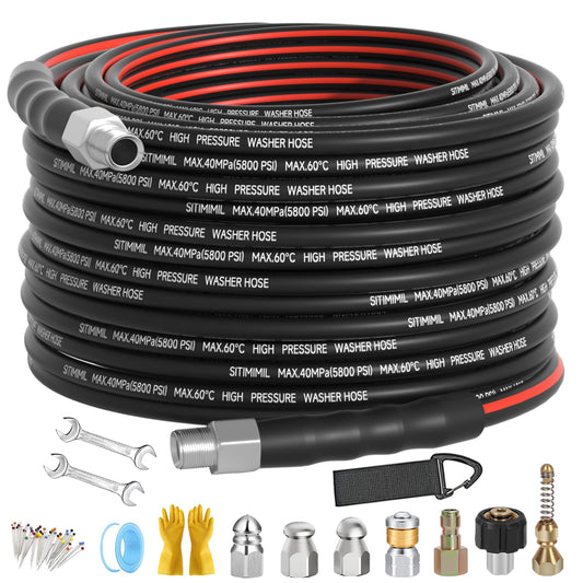 Sewer Jetter Kit for Pressure Washer 50FT, Drain Cleaner Hose 1/4 Inch NPT, NPT Corner Swivel and Push Button Nose Sewer Jet Nozzle Wrenches Gloves Waterproof Tape Pearl Brooch,5800PSI
