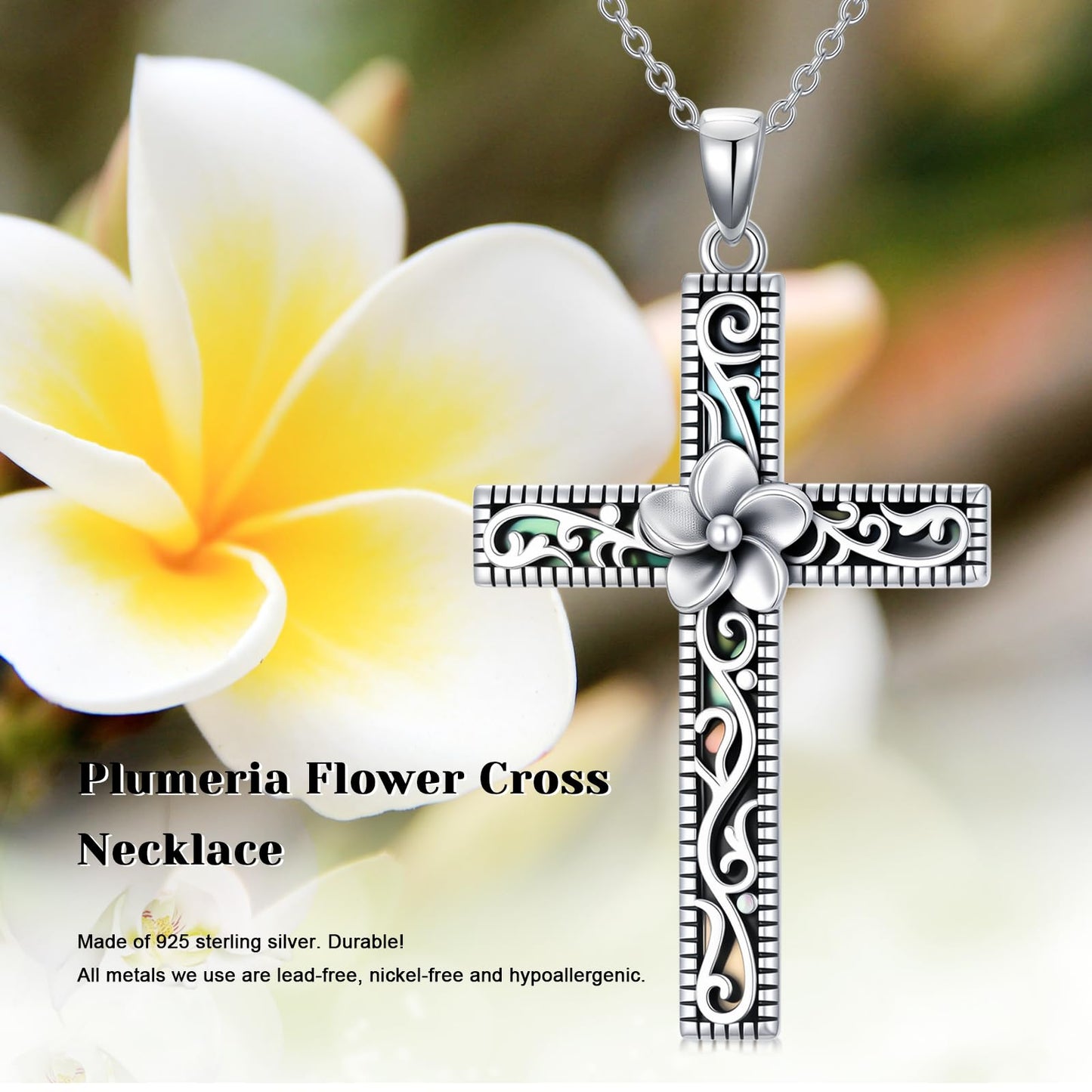 KoyeKei Plumeria Necklace for Women 925 Sterling Silver Hawaiian Plumeria Flower Necklaces Filigree Cross Religious Pendant Faith Hawaii Graduation Jewelry Mothers Day Gifts for Mom Wife Sister