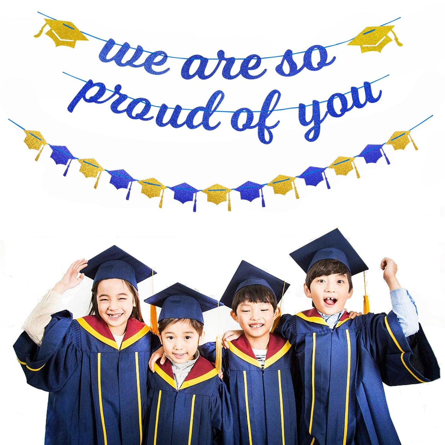 Navy-Blue White-Gold Party-Decoration Graduation Banner - 8pcs Kits Cap Garland Streamers, Paper Tissue Pom Poms Flowers,We are So Proud of You Grad Graduation 2026 Decor Lasting Surprise