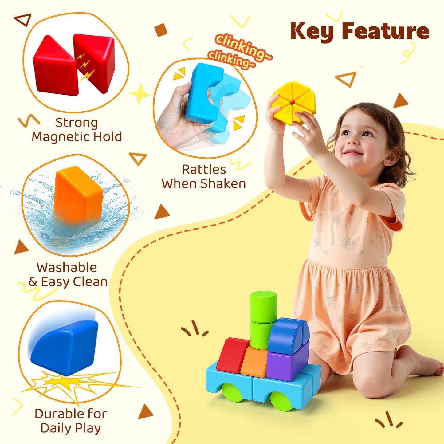 Pairez Toys Multi-Shape Magnetic Blocks, Large Stacking & Building Blocks Set, Preschool Educational Sensory Magnet Toys for Kids Ages 3-5 Year Old Boys & Girls Toddlers(20pcs)