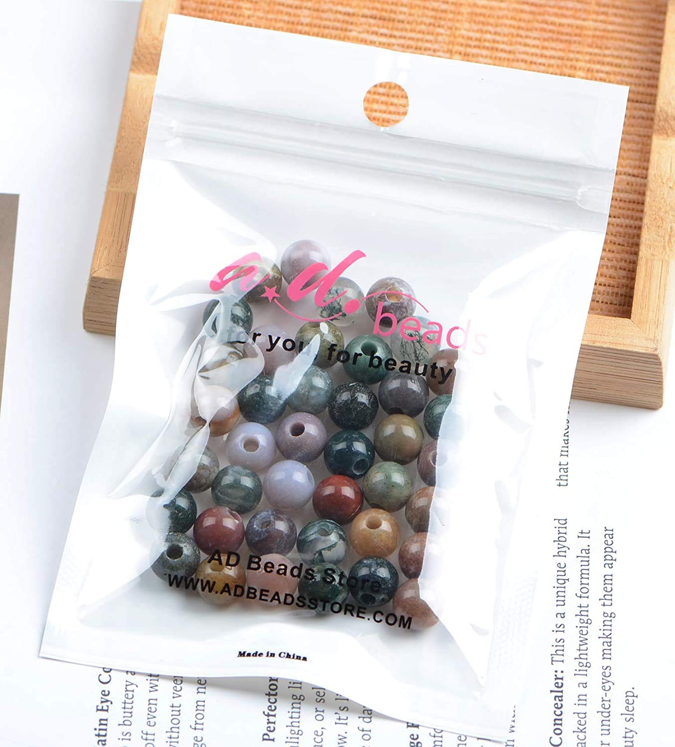 AD Beads Natural Gemstone 8mm Round Loose Beads Big Hole 2.5mm Sized 40pcs (Indian Agate)