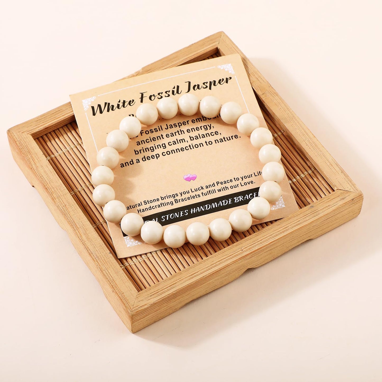 AD Beads 6mm Handmade White Fossil Jasper Elastic Bracelet – Natural Gemstone for Promote calmness – Meditation, Yoga, Healing and Energy Gift for Men Women