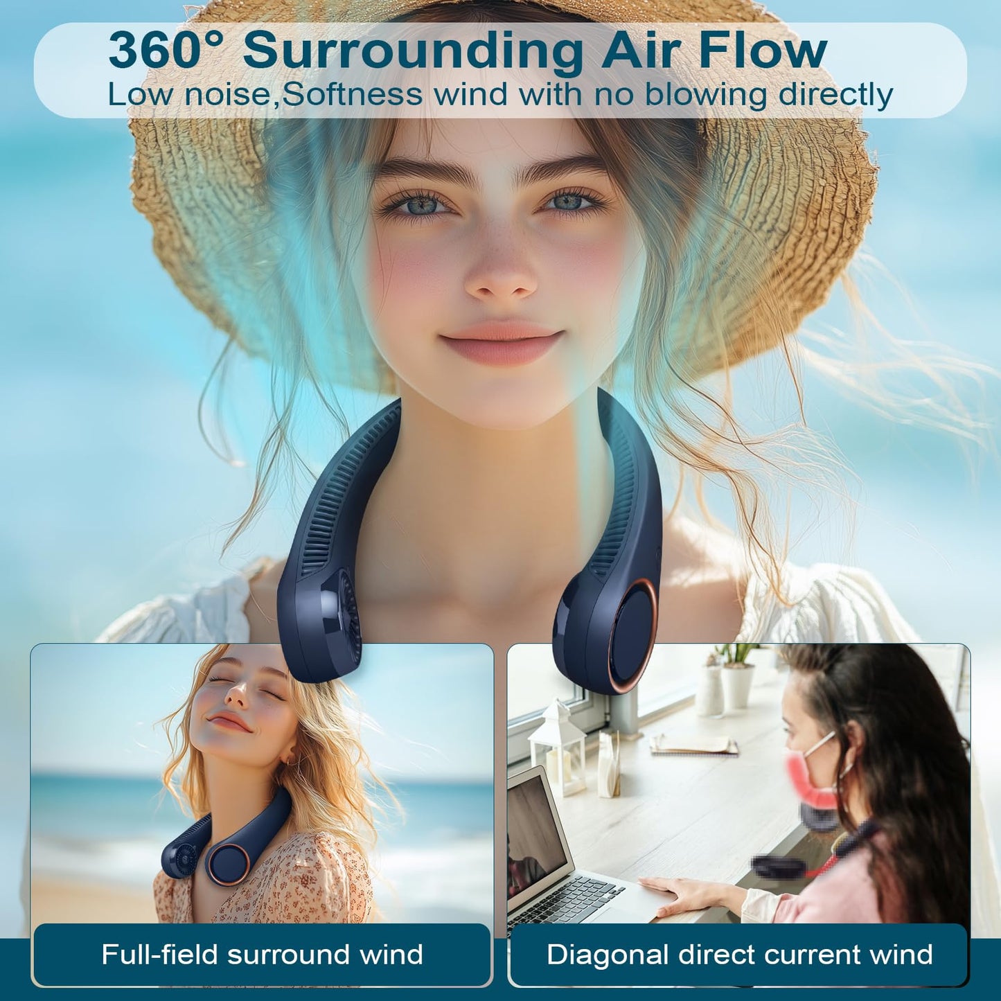 CIVPOWER Neck Fan: Portable Personal Neck Cooling Rechargeable Bladeless Fan - Hands Free 3 Speed 4000 mAh Battery USB Operated Wearable Headphone Design - Gift for Men Women Outdoor (Dark Blue)