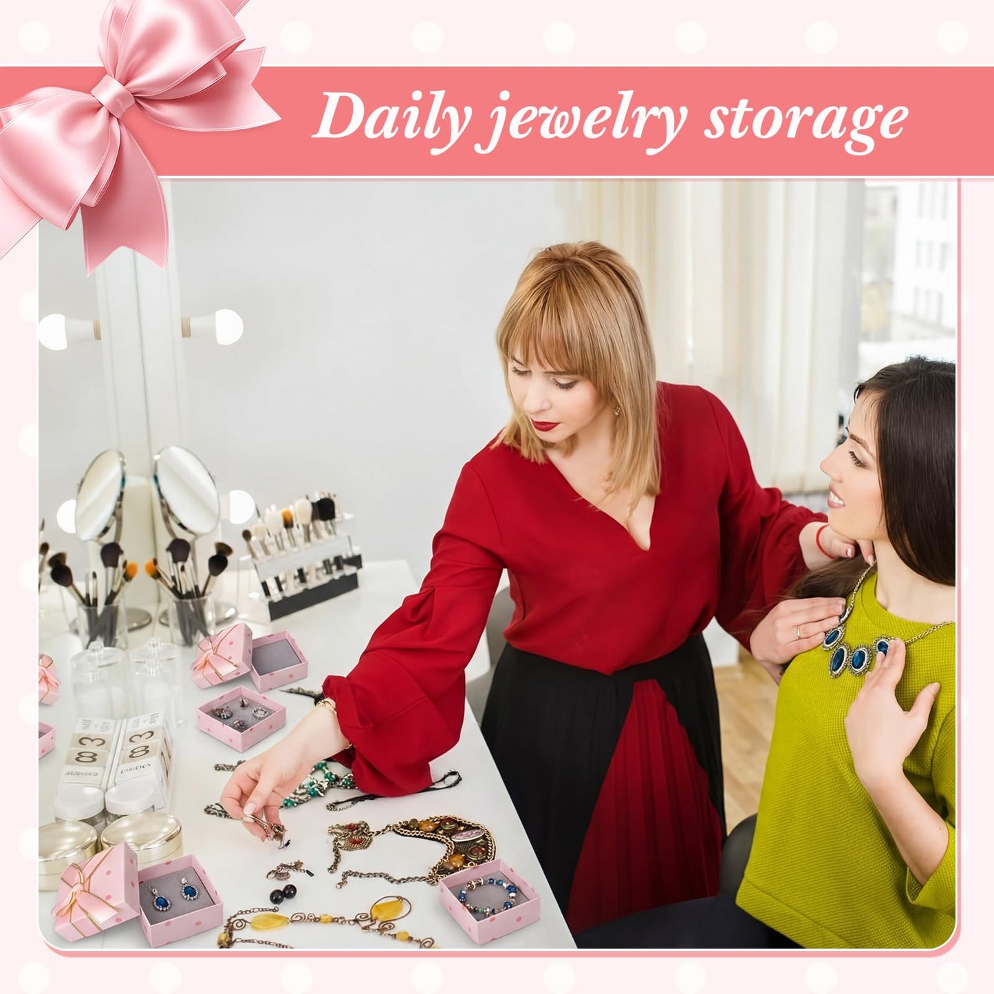 Nosiny 60 Pcs Pink Jewelry Gift Boxes 3 Inch Cardboard Jewelry Packaging Boxes with Polka Dot Bow Bulk Gift Box Square for Necklace Bracelet Ring Badge Brooch Earring Selling Boutique Wedding Party