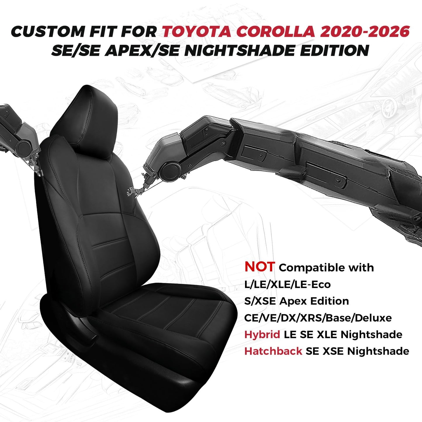 FREESOO for Toyota Corolla Seat Covers 2020-2026 SE/SE Apex Nightshade & 2023-2025 XSE & 2025 FX, Custom Car Seat Covers, Waterproof Seat Covers for Cars, Leather Car Seat Cover, Black Full Set