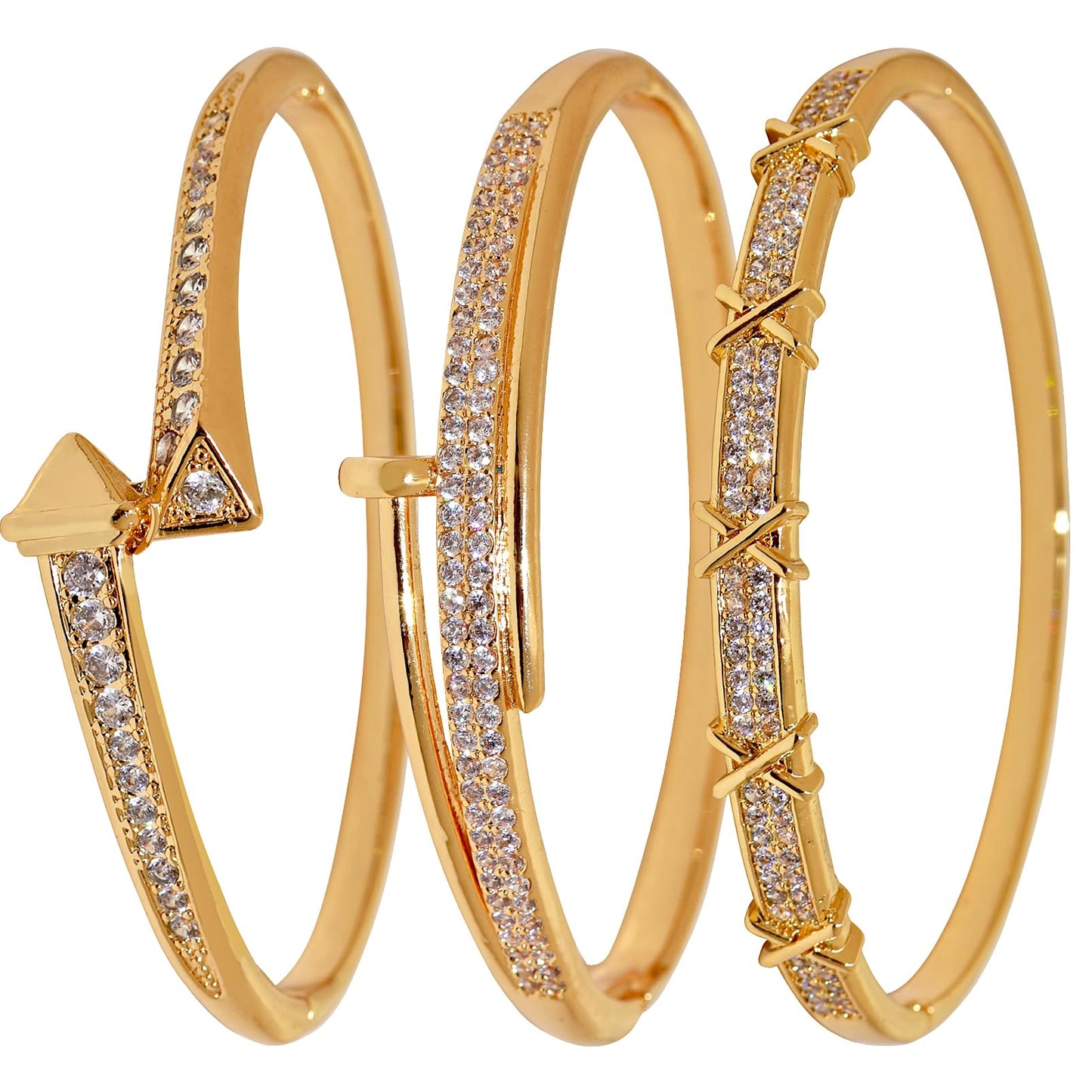 FIVESWEET 3PCS Gold Bangle Bracelet Set for Women, Copper Inlaid with 3A Zircon, Stackable Trendy Jewelry, 2.4 Inch, Great Gift for Her Girlfriend Wife Mom Sister Lover on Birthday Christmas Valentine's Day Mother's Day (Rivet & X-Element)