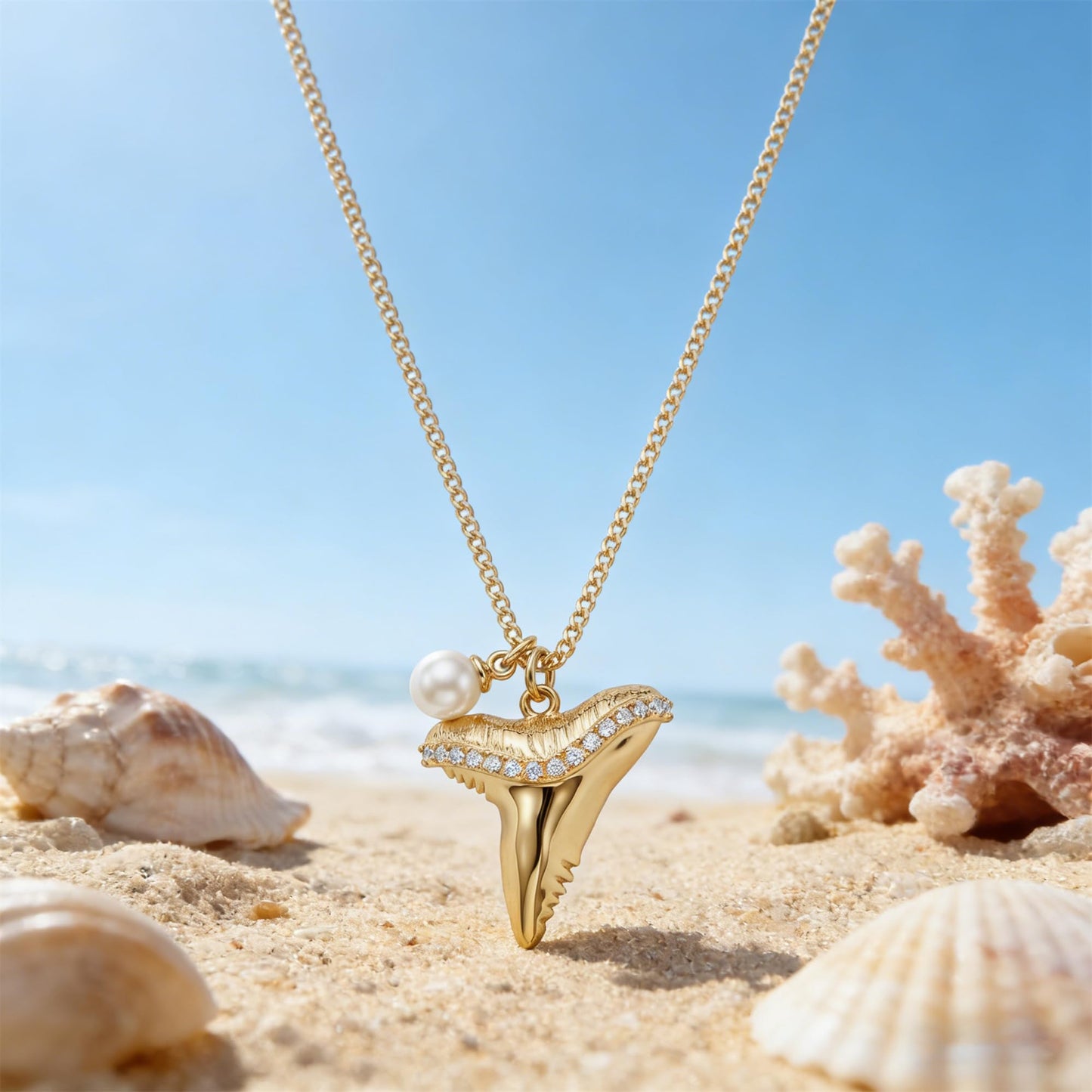 MEVECCO Dainty Gold Shark Teeth Pendent Necklace for Women 18K Gold Plated Cubic Zircon Chain Necklace Boho Handmade Ocean jewelry