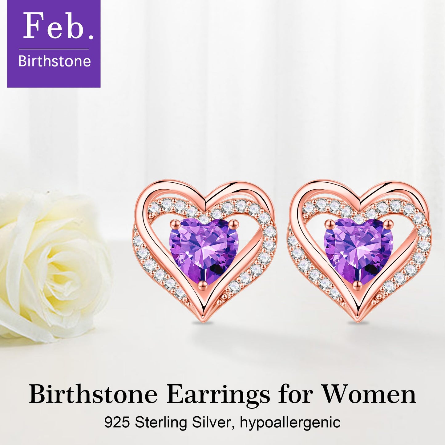 Iefil Earrings for Women, 925 Sterling Silver February Birthstone Purple Amethyst Heart Stud Rose-Gold-Plated Earrings for Women