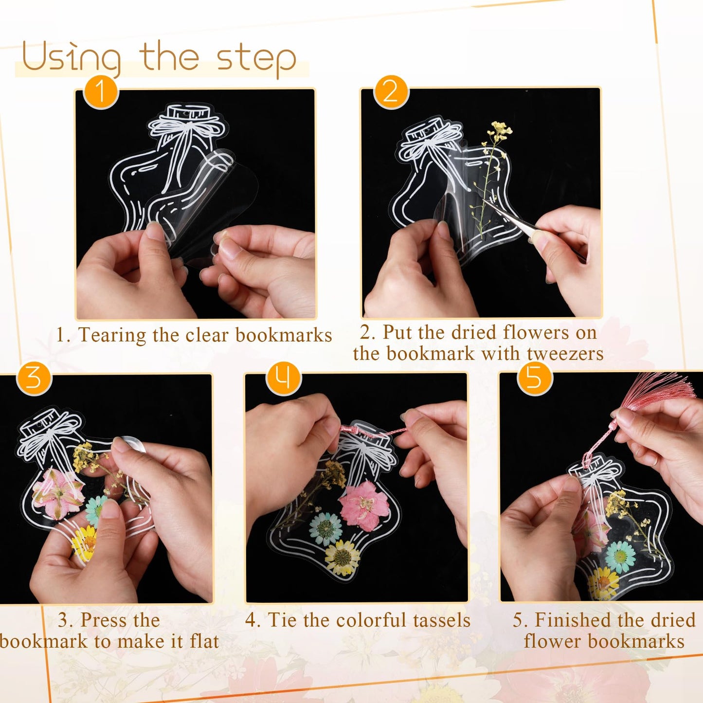 TaoBary 91 Pcs DIY Handmade Transparent Dried Flower Bookmark Set Include Butterflies Clear Bookmarks Dried Flowers Colorful Tassels and Tweezer for Book Bottle Supplies(Gentle Colors)