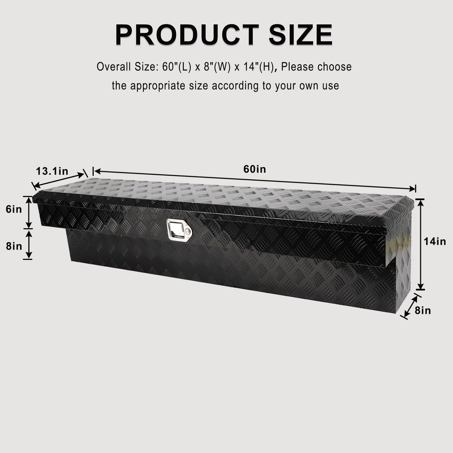 60 Inch Side Mount Truck Tool Box Aluminum Pickup Truck Bed Tool Box Trailer Storage with Lock Key 5 Bar Tread 60" x 8" x 14" Black