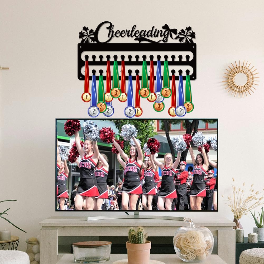 SUPERDANT Cheerleading Medal Hanger Display Sports Medal Holder Wall Mount Cheerleader Medals Hanging 30 Hooks Black Metal Medals Display Rack Iron Race Ribbon Award Organizer for Athletes
