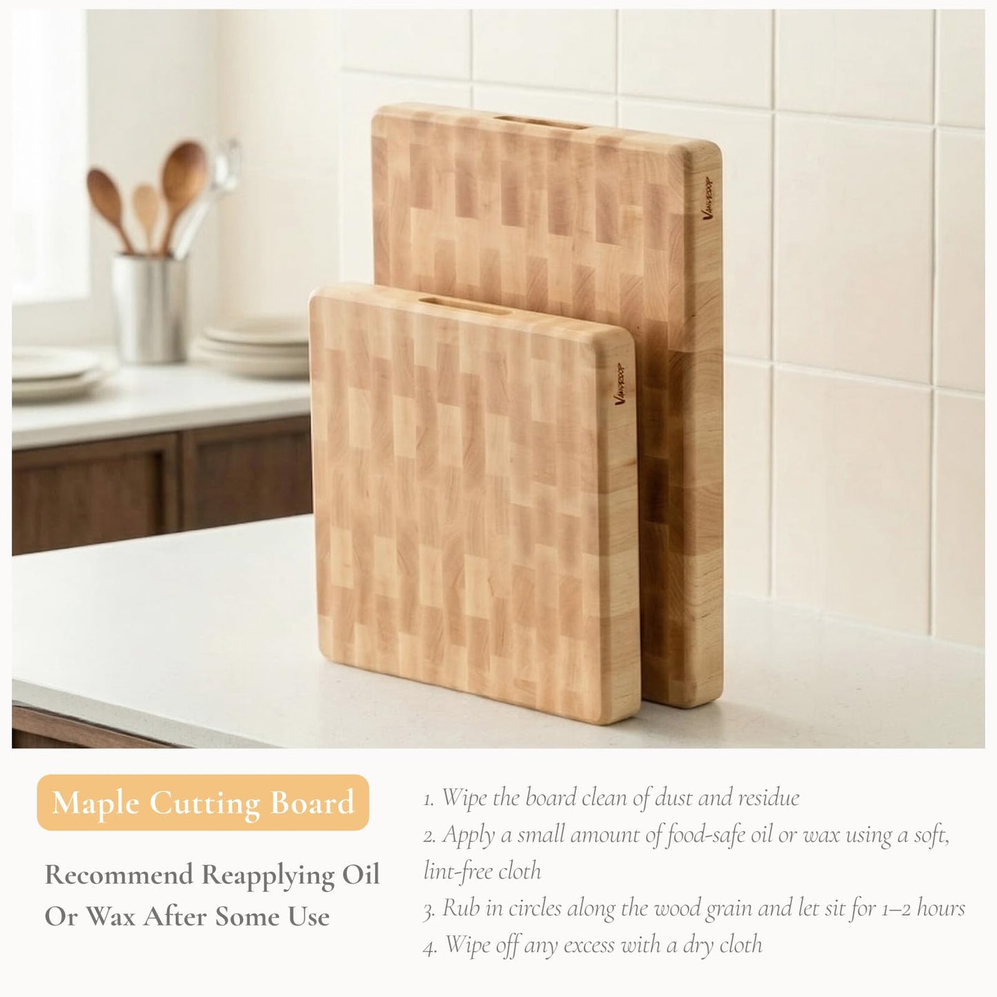Vandroop Maple End Grain Wood Cutting Boards for Kitchen - 20x15x2” Rectangle Wooden Maple Butcher Block Kitchen Cutting Board - End-Grain Reversible Chopping Board with Finger Grips