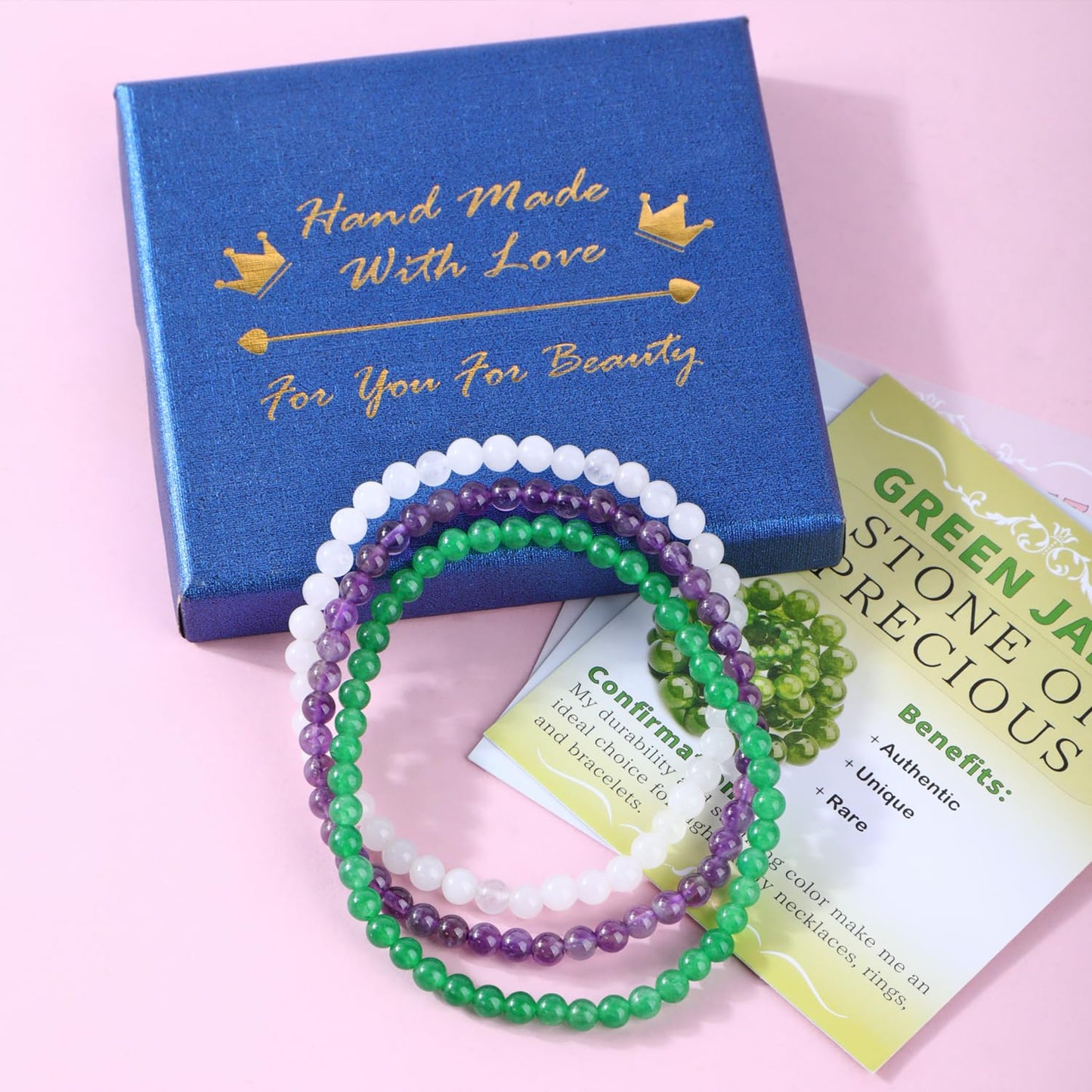 CMBYN 3-Pieces 4mm Natural Crystal Gemstone – ﻿Amethyst, Green Jade, White Jade Handmade Reiki Energy Healing Stretch Bracelets Jewelry for Yoga, Meditation, Unisex