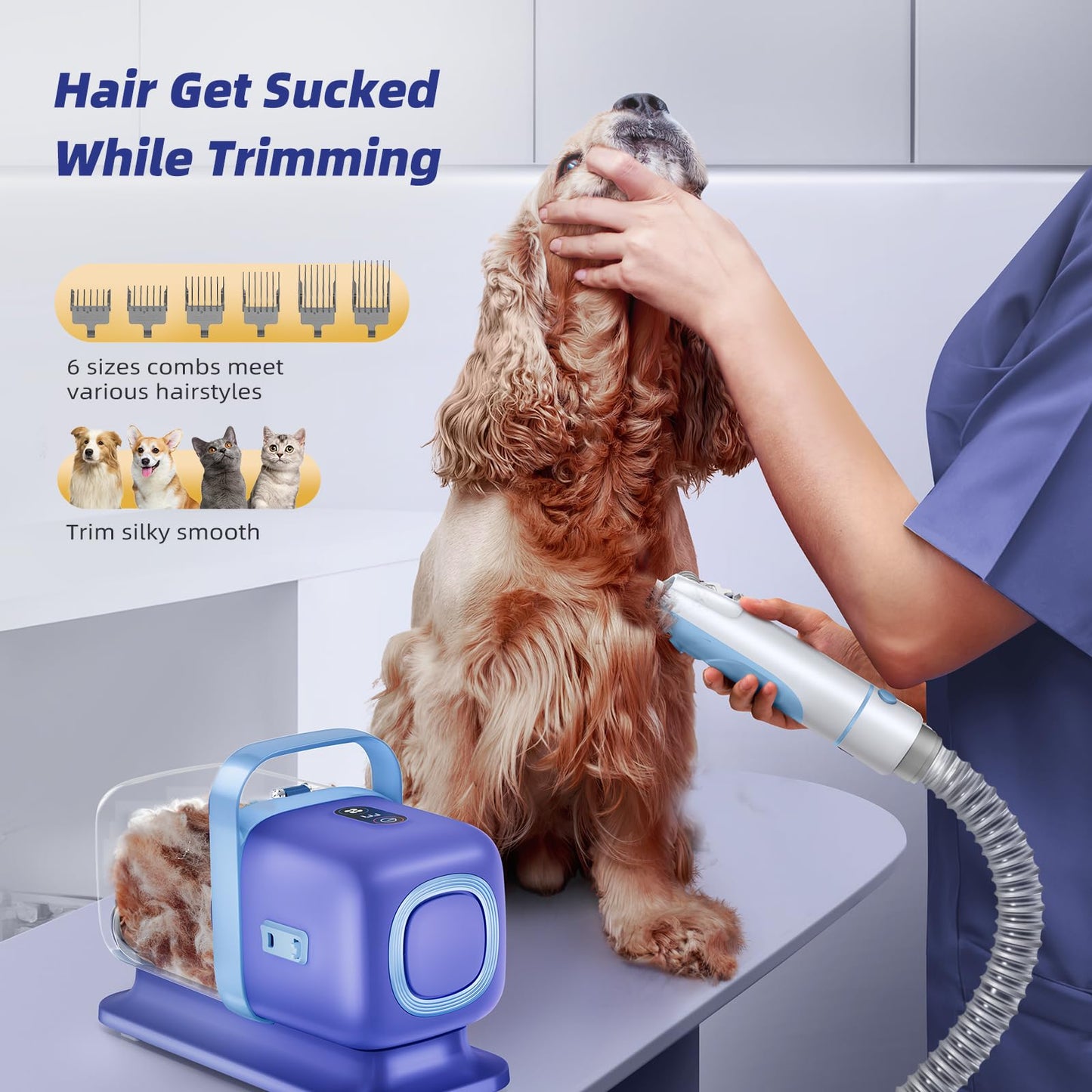 buenkee Dog Grooming Kit with Pet Grooming Vacuum, Clipper Blue with Handheld Dog Blow Dryer for Pet Grooming MAS521 White