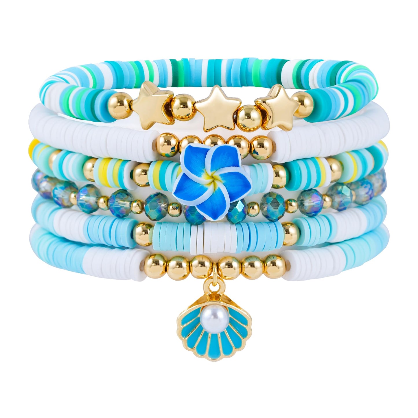 RISHEGAE Heishi Beaded Stretch Bracelets for Women Stackable Gold Polymer Clay Beads Bracelets Friendship Boho Summer Beach Bracelet Jewelry Set (F-Blue Flower)