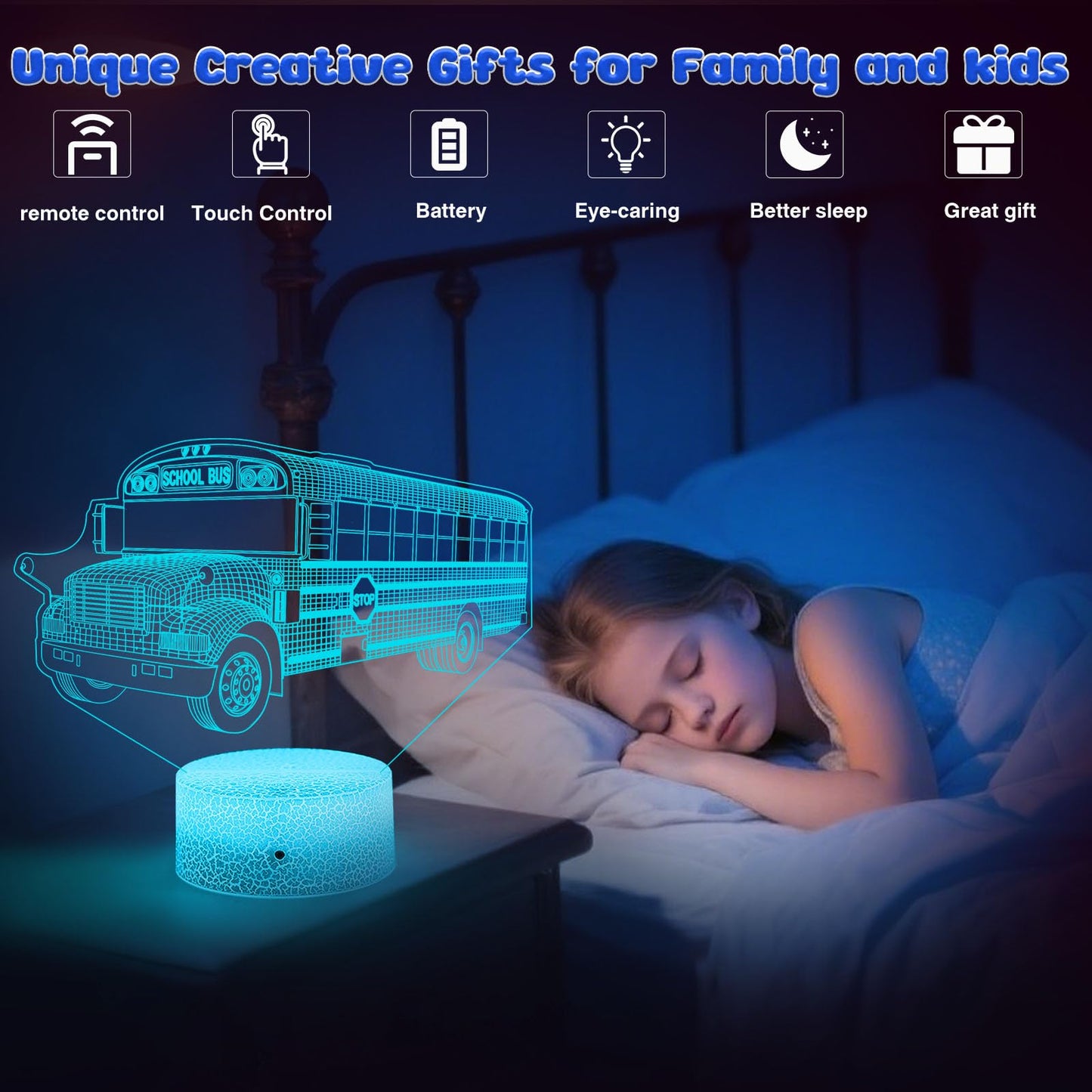 School Bus Night Light Bus Driver Appreciation Gifts Bedside Lamp 3D Illusion Lamp with 16 Colors & Flashing Modes with Remote Control Opreated Dimmable, Boys Girls Room Decoration, Holiday Xmas Gifts