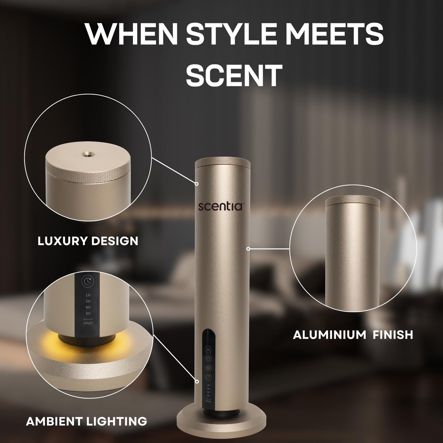Scentia Wireless Waterless Hotel Scent Diffuser | Includes Premium USA-Made Oil Blend | App Controlled, Cordless | Home, Office, Spa, Aromatherapy | Covers 1500 Sq Ft | 72 Hrs in 1 Charging | Gold