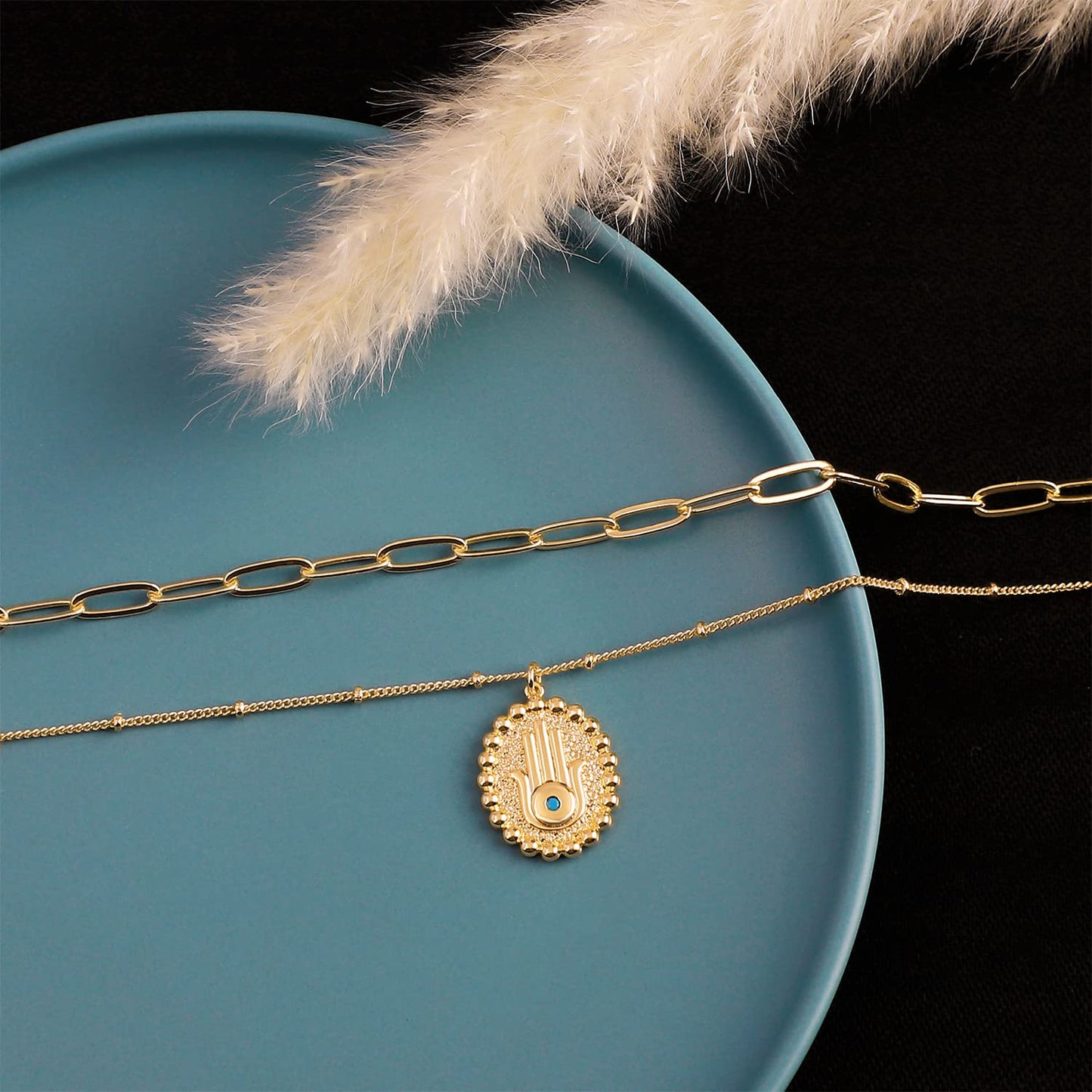 MEVECCO Gold Layered Choker Necklace for Women, 18K Gold Plated Dainty Oval Hamsa Pendant Minimalist Paperclip Double Layer Necklace for Jewelry