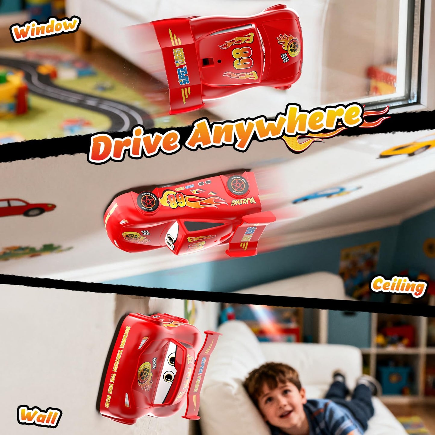 JOI MEW Wall Climbing RC Car Toy with Expression Stickers, 360° Rotating Remote Control Stunt Car, Rechargeable Toy Car for Kids Boys Girls Ages 3-12 Indoor Gift