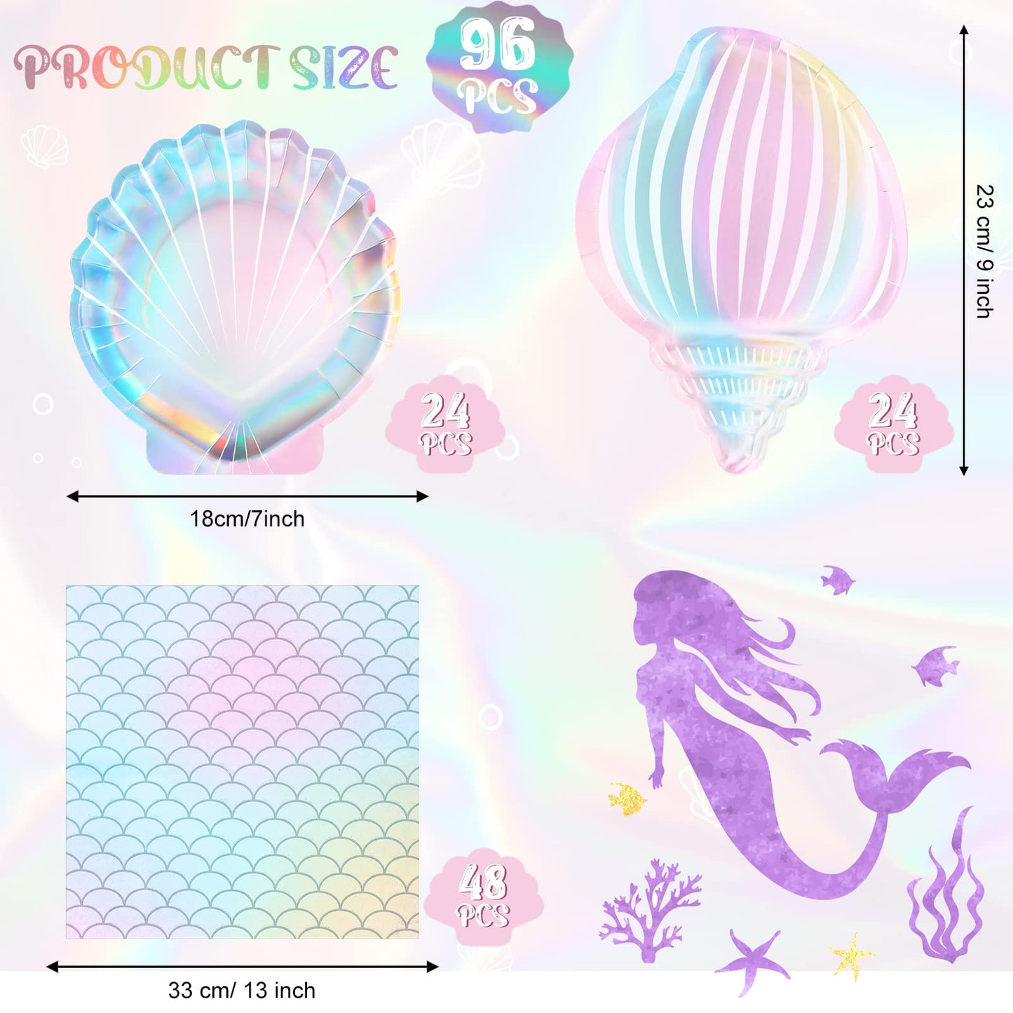 Cunhill 96 Pcs Mermaid Plates and Napkins for 24 Guests, 7 Inch 9 Inch Seashell Plates Iridescent Mermaid Party Supplies for Birthday Ocean Under The Sea Baby Shower Decoration(Stylish Style)