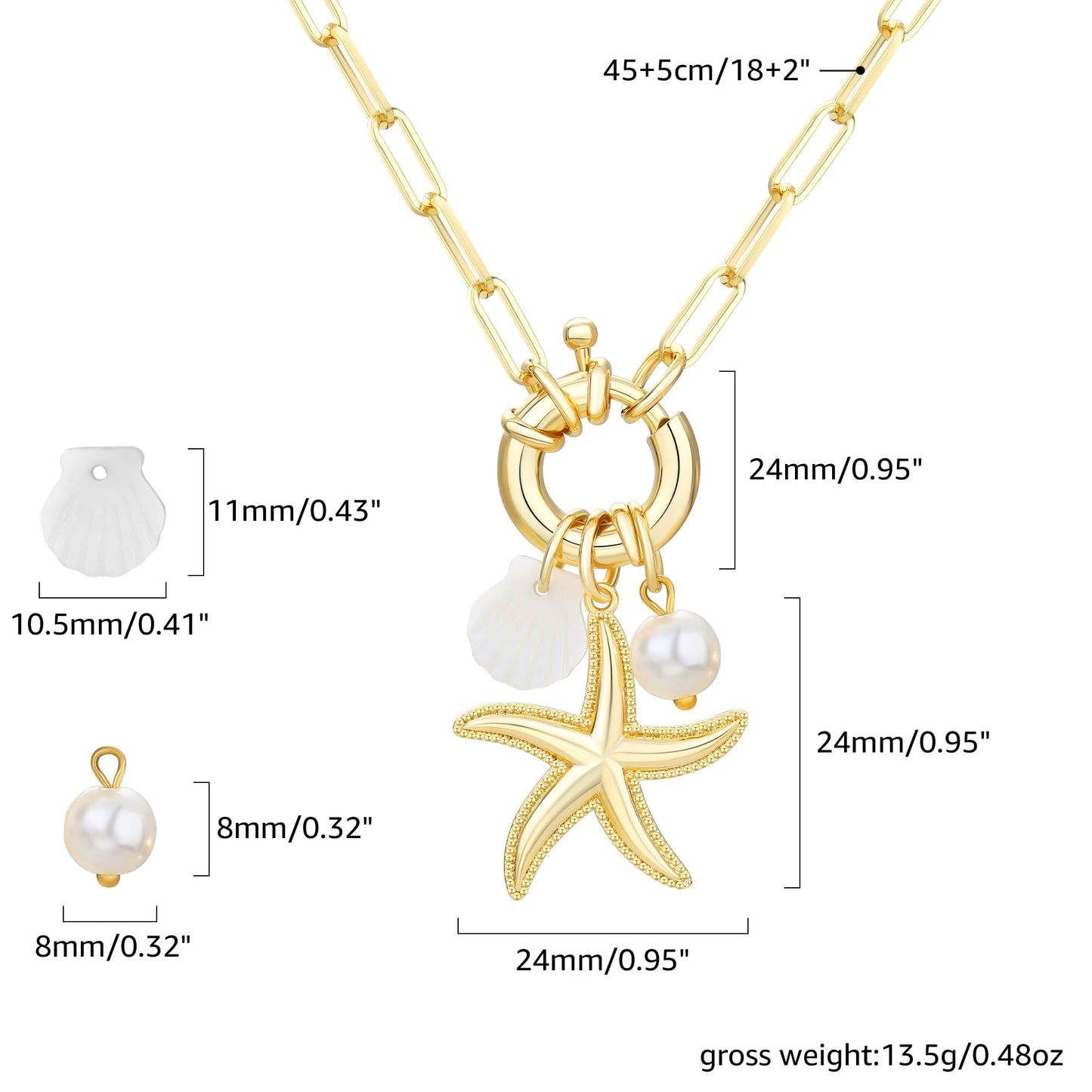MISS RIGHT Gold Necklace for Women, Dainty 18k Gold Plated Starfish SeaShell Pearl Cute Boho Pendant DIY Charm Necklace,Non Tarnish Adjustable Chunky Paperclip Chain Jewelry for Summer Beach Vacation