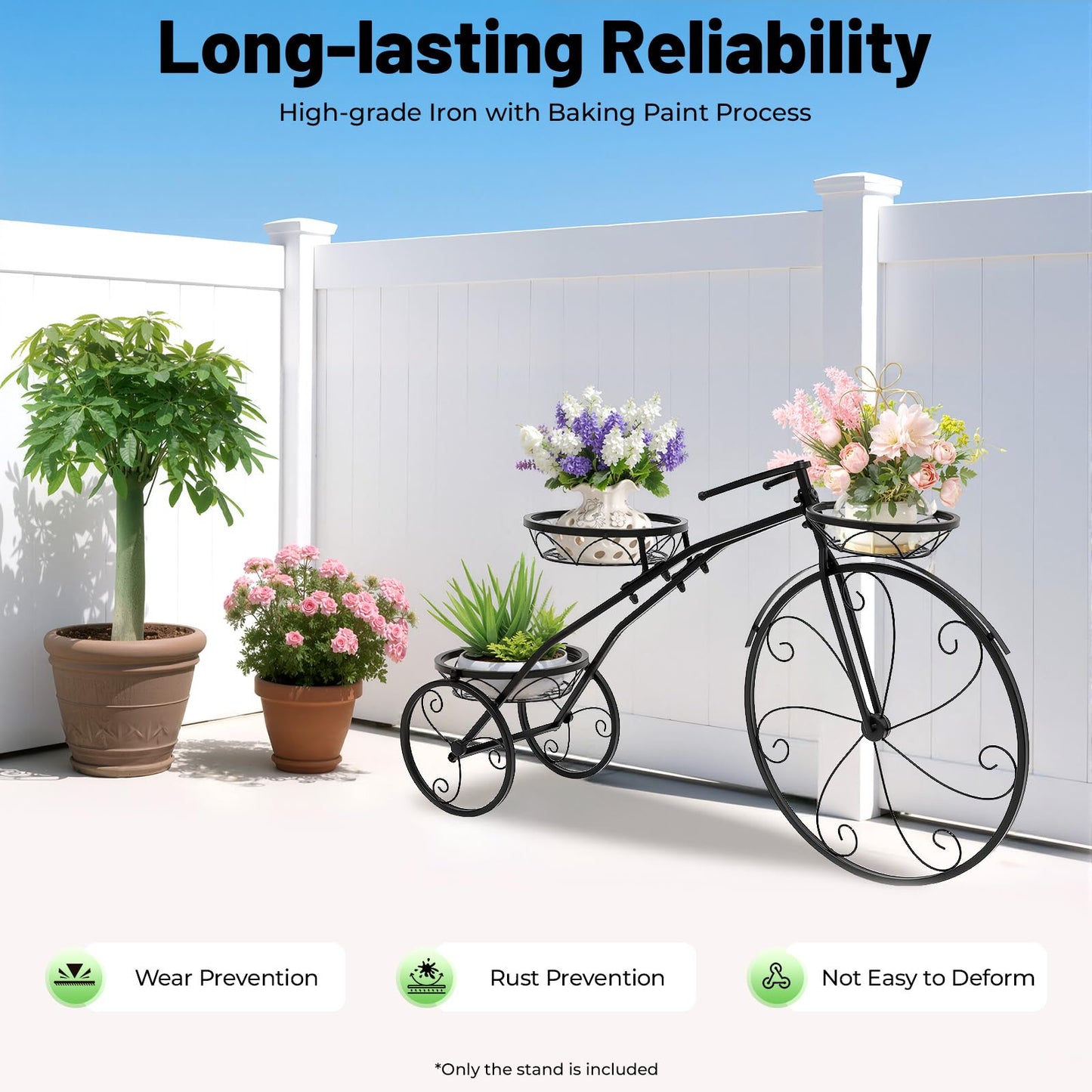 JUOPTGJ Tricycle Plant Stand,3 Blocks Flowerpot Holder Bicycle Display Rack Shelf ,Tricycle Metal Potted Plant Stand for Yard Indoor Outdoor Garden Patio Decor (Black)