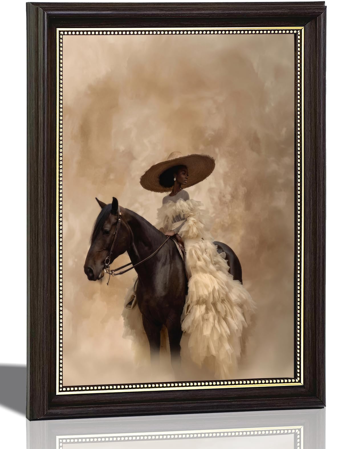 Dark Brown Framed Western Cowgirl Wall Art Trendg Black Girl Riding Horse Canvas Wall Decor African American Bride Woman Poster Print Artwork for Living Room Dormitory Bedroom 9x11 inch