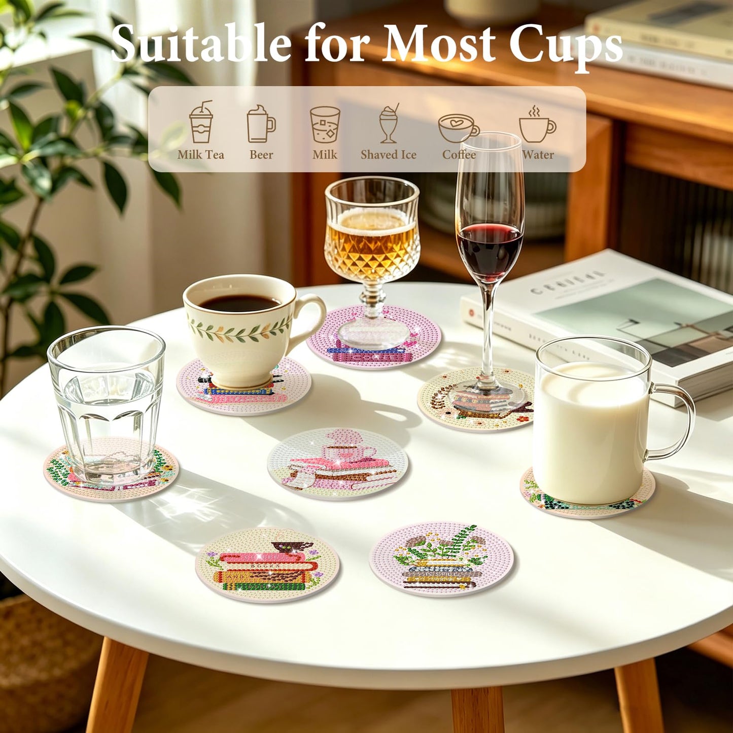 Book Diamond Art Coasters Kit with Holder, Book Lovers Diamond Painting Coasters Set of 8 for Adults, DIY Non Slip Drink Coaster with Cork Pads, Relaxing Craft Kits for Home Decor Gifts 4x4 Inch
