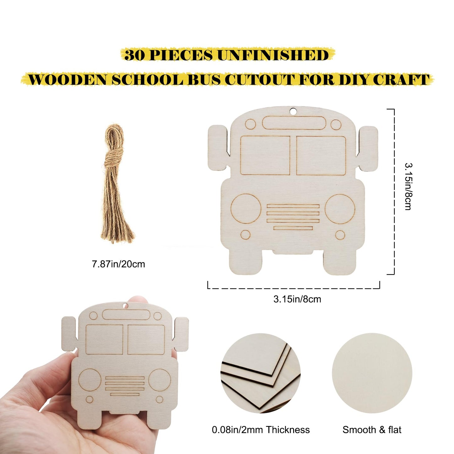 30PCS Unfinished School Bus Shaped Wooden Cutouts with Lines to Paint Bus Wood Slices for Crafts Back to School Hanging Ornaments for Home Decorations Party Favors (Bus Head)