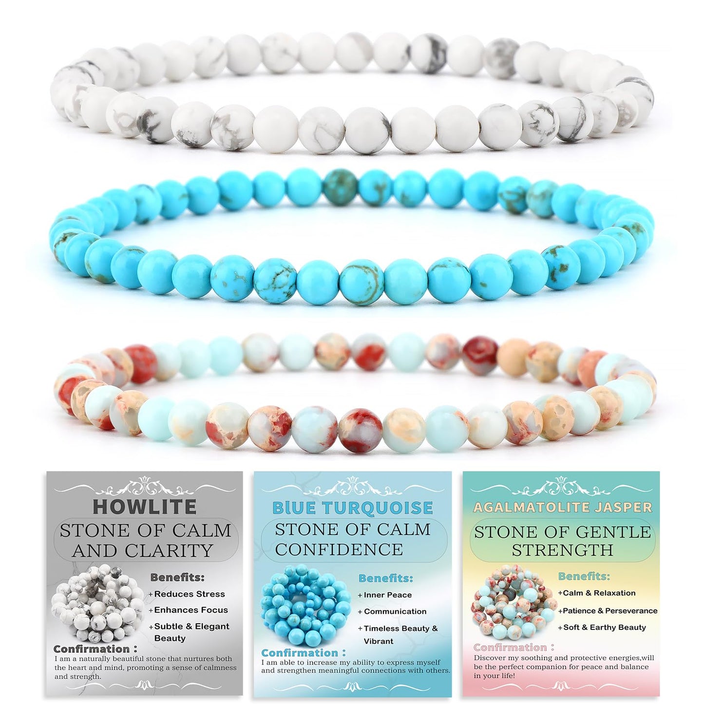 NCB 3-Piece 4mm Natural Crystal Gemstone Stretch Bracelets – ﻿Agalmatolite Jasper, Blue Turquoise, Howlite Handmade Reiki Energy Healing Jewelry for Meditation,Yoga, Unisex