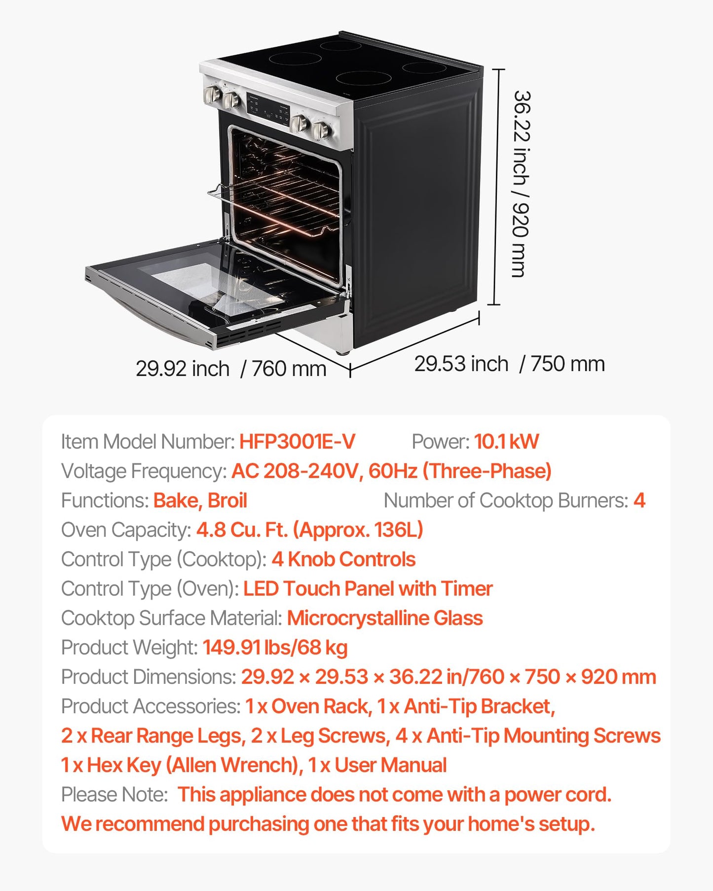 VEVOR 30in Electric Range Oven, 4.8Cu. Ft. Capacity Compact Freestanding Oven, Stainless Steel Kitchen Stove, with 4 Cooktop Burners, Easy Reach Racks, Storage Drawer, Indicator Light(No Power Cord)