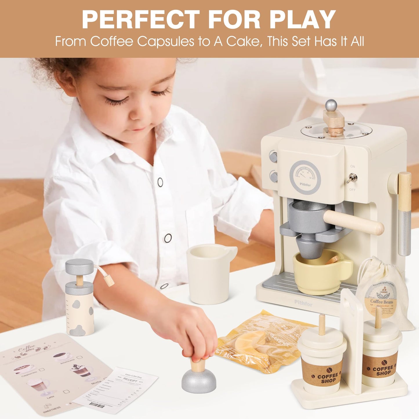 Pithfor Kids Wooden Coffee Playset with Grinder, Toy Coffee Maker for Kids Toddlers, Pretend Play Kitchen Appliances & Accessories Toy Gift for Boys Girls
