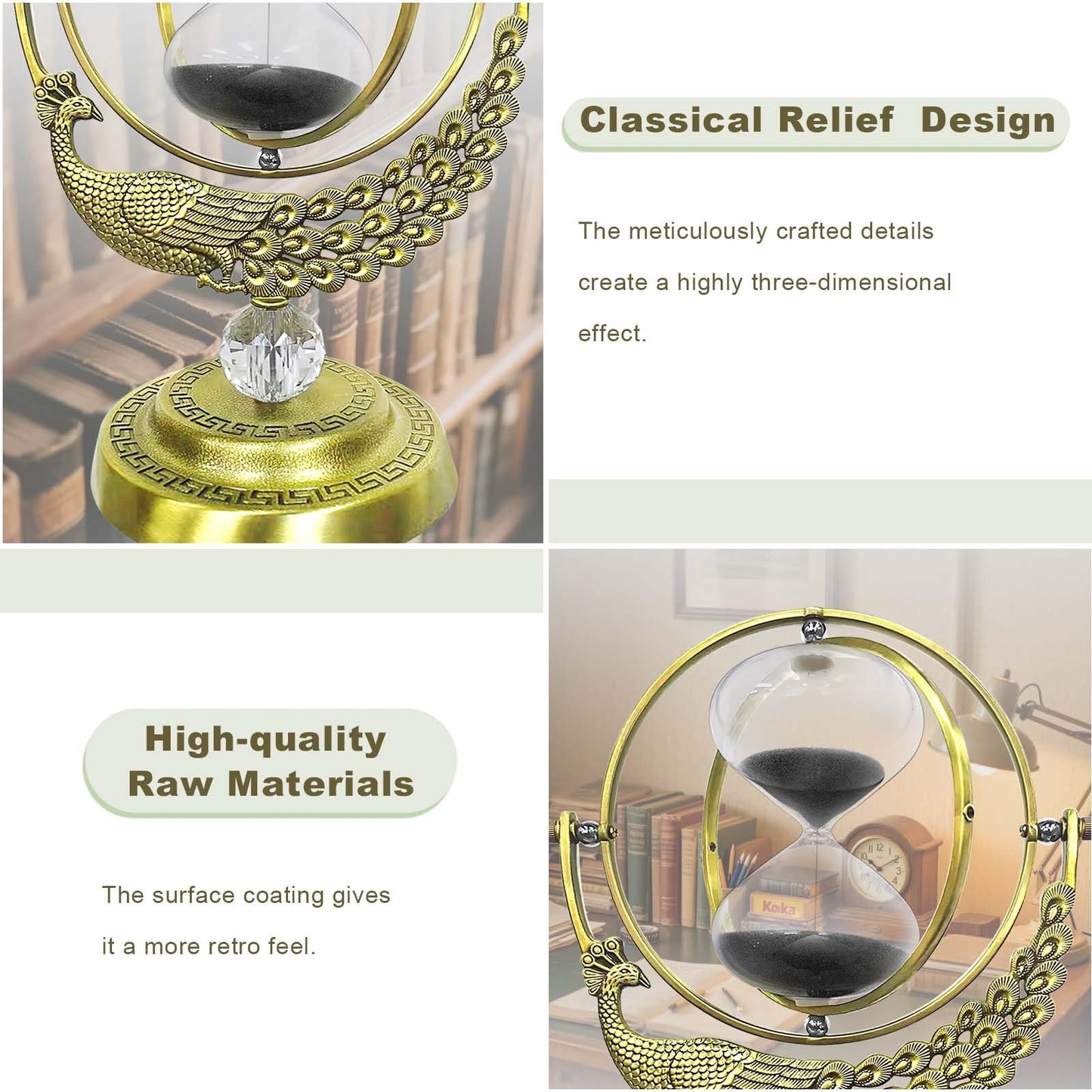 SuLiao Hourglass Sand Timer, 60 Minute Peacock Rotating Hour Glass, 60 Min Unique Black Sand Clock, Large 1 Hour Brass Sandglass, 1 hr Metal Decorative Reloj De Arena, Desk, Office, Home